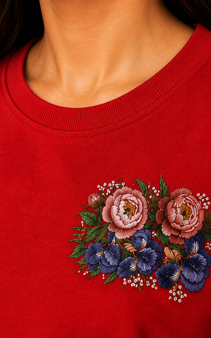 Women’s Red Floral Embroidered Co-Ord Set – Casual T-Shirt & Shorts Lounge Wear