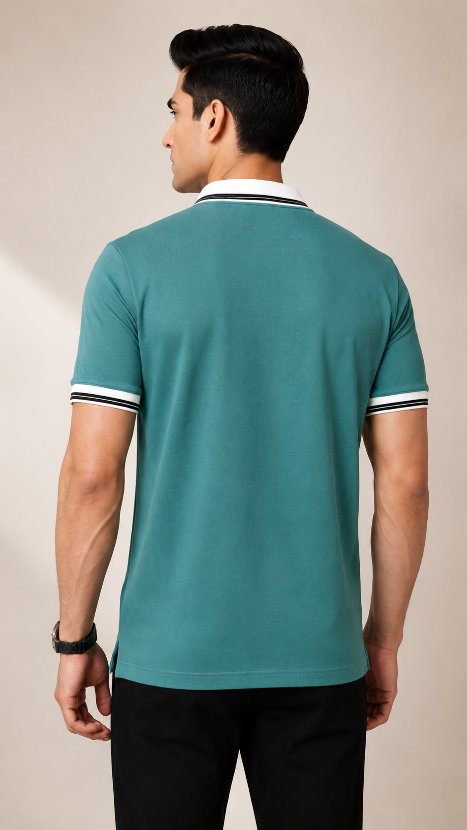 Men’s Premium Aqua Green Polo T-Shirt with White Contrast Collar & Sleeve Stripes
