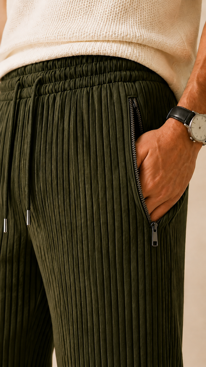 Olive Green Ribbed Track Pants for Men | Premium Relaxed Fit Textured Joggers with Zip Pockets