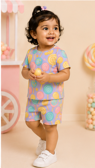 Candy Pop Kids Co-Ord Set – Lollipop Print Cotton T-Shirt & Shorts Set