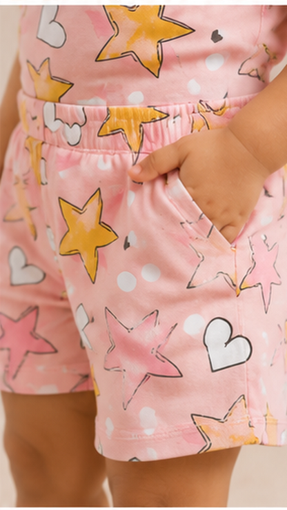 Star & Heart Kids Co-Ord Set – Pink Printed T-Shirt & Shorts for Girls