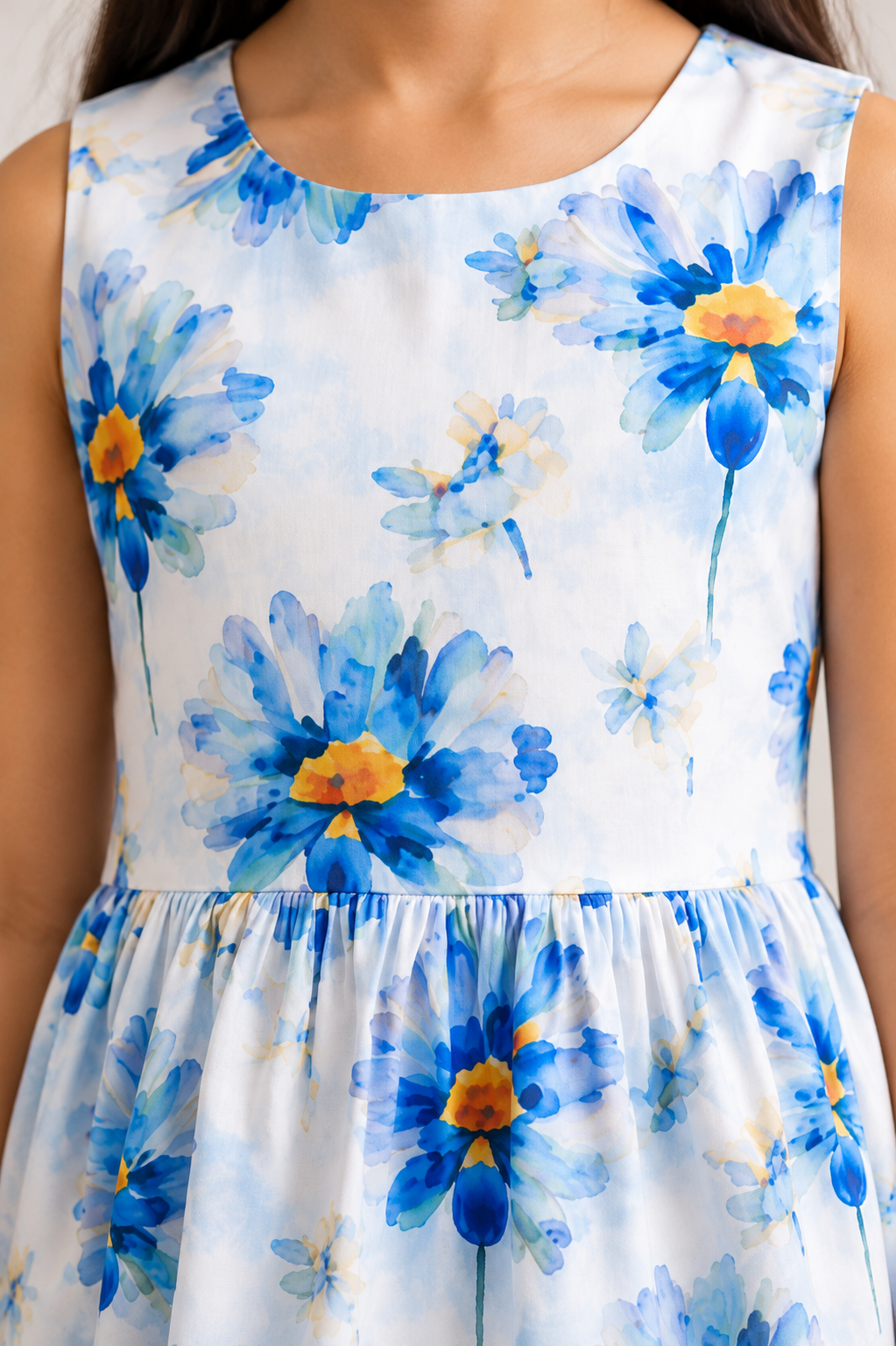 Girls Sky Blue Floral Print Fit & Flare Dress (Sleeveless)