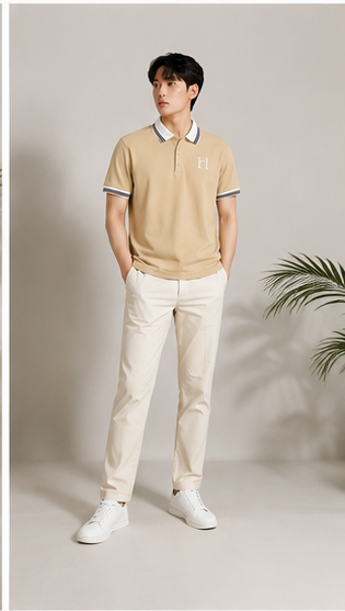 Men's Premium Beige Polo T-Shirt with White Contrast Collar | Smart Casual Half Sleeve Polo Tee