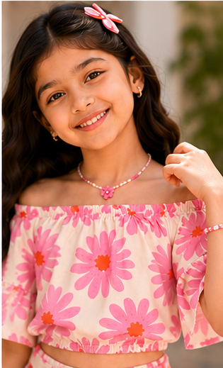 Girls Peach Pink Daisy Floral Off-Shoulder Co-Ord Set – Summer Top & Shorts