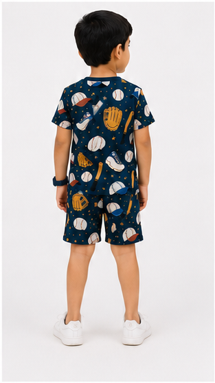 Baseball Sports Print Kids Co-Ord Set – Cotton T-Shirt & Shorts Summer Outfit for Boys
