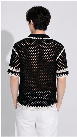 Men's Black Open Mesh Crochet Shirt – Premium Handmade Resort Wear Knit Shirt