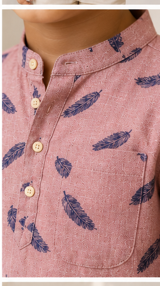 Boys Peach Feather Print Mandarin Collar Shirt (Full Sleeve)