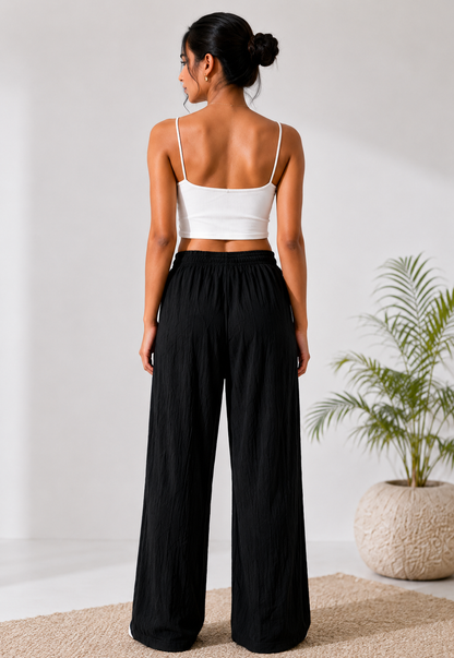 Black Crinkle Palazzo Pants for Women | Elastic Waist Wide Leg Lounge Trousers