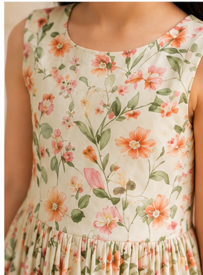 Girls Cream Floral Print Fit & Flare Dress (Sleeveless)