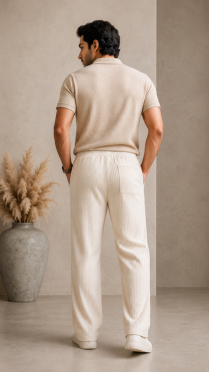 Light Cream Ribbed Track Pants for Men | Premium Textured Relaxed Fit Joggers with Zip Pockets