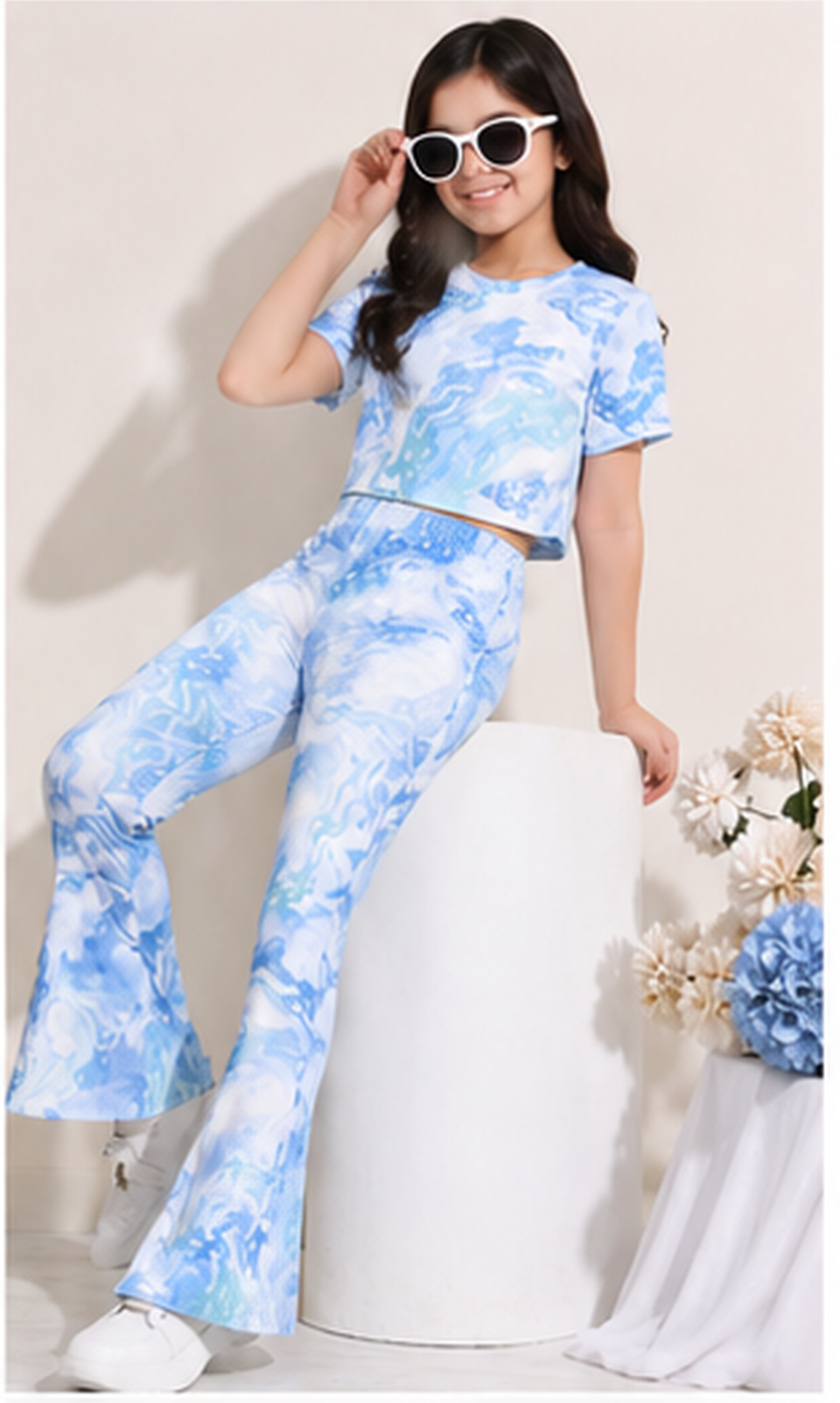 Girls Blue Tie Dye Co-Ord Set | Kids Crop Top & Bell Bottom Pants Outfit | Stylish Western Wear for Girls