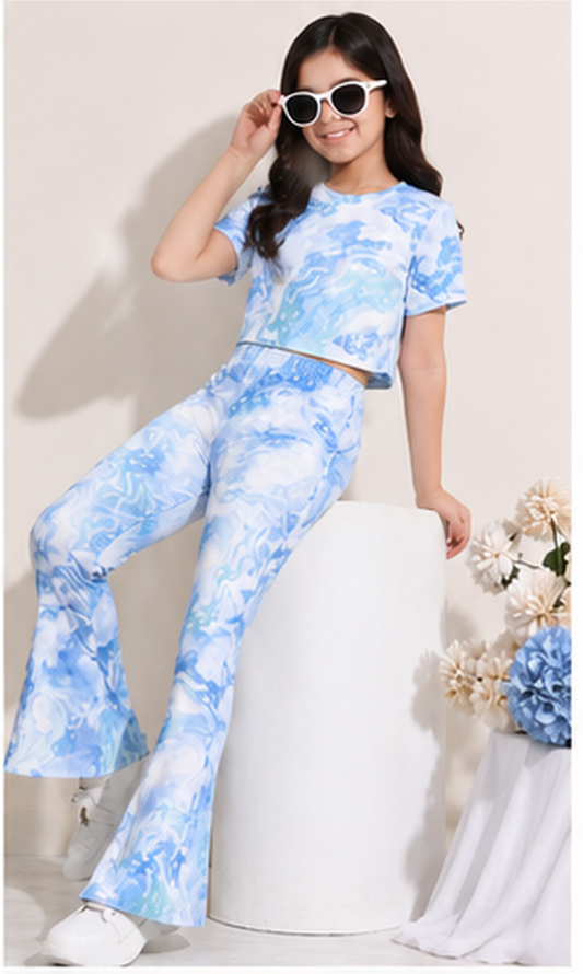 Girls Blue Tie Dye Co-Ord Set | Kids Crop Top & Bell Bottom Pants Outfit | Stylish Western Wear for Girls