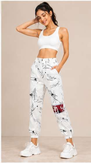 Women White Abstract Printed Joggers – Stylish Casual Lounge & Streetwear Pants