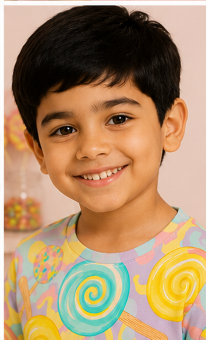 Candy Lollipop Print Kids Co-Ord Set – Soft Cotton T-Shirt & Shorts Summer Outfit for Boys & Girls