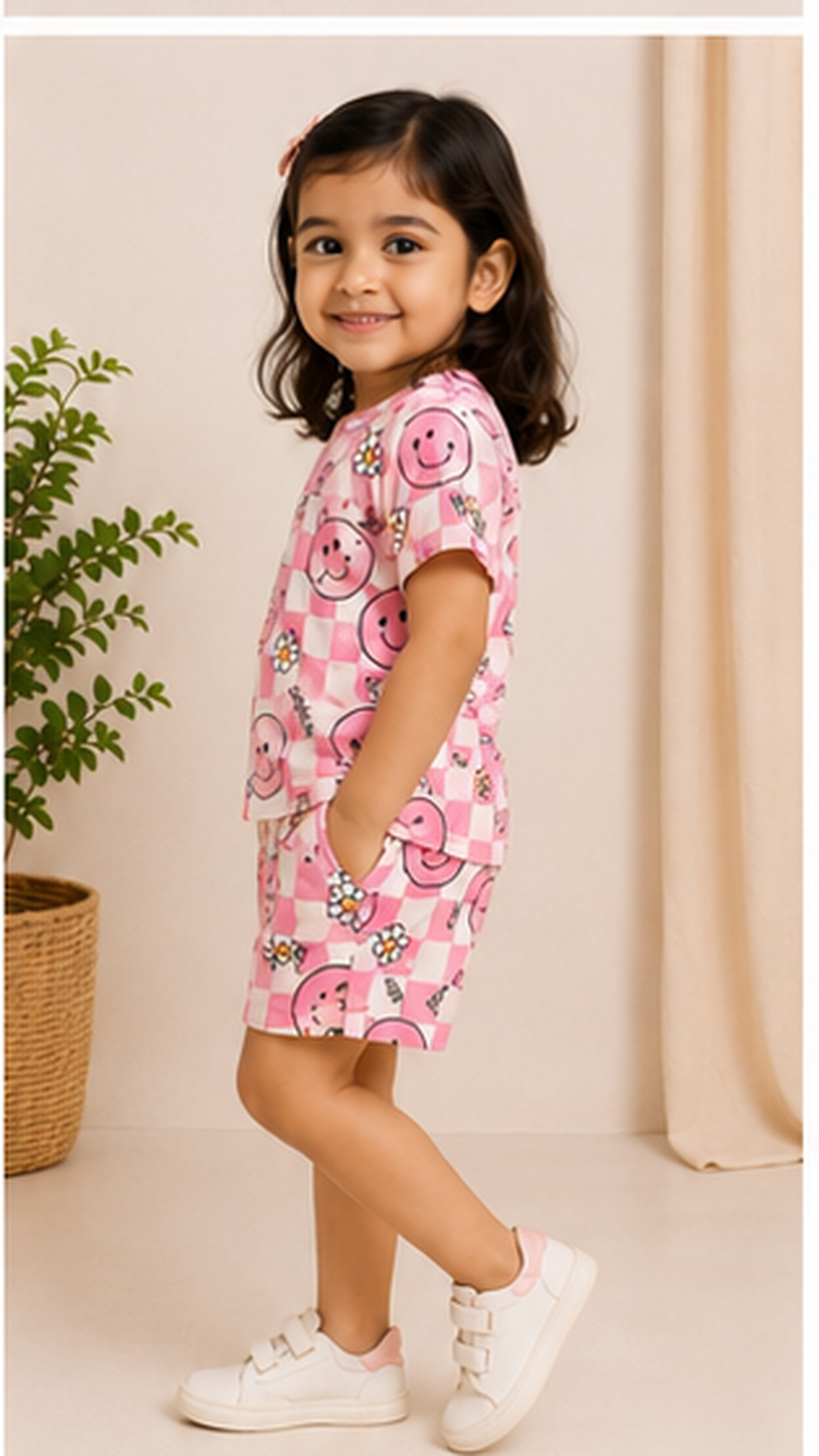 Pink Smiley Checkered Kids Co-Ord Set – Cute Daisy Print T-Shirt & Shorts for Girls