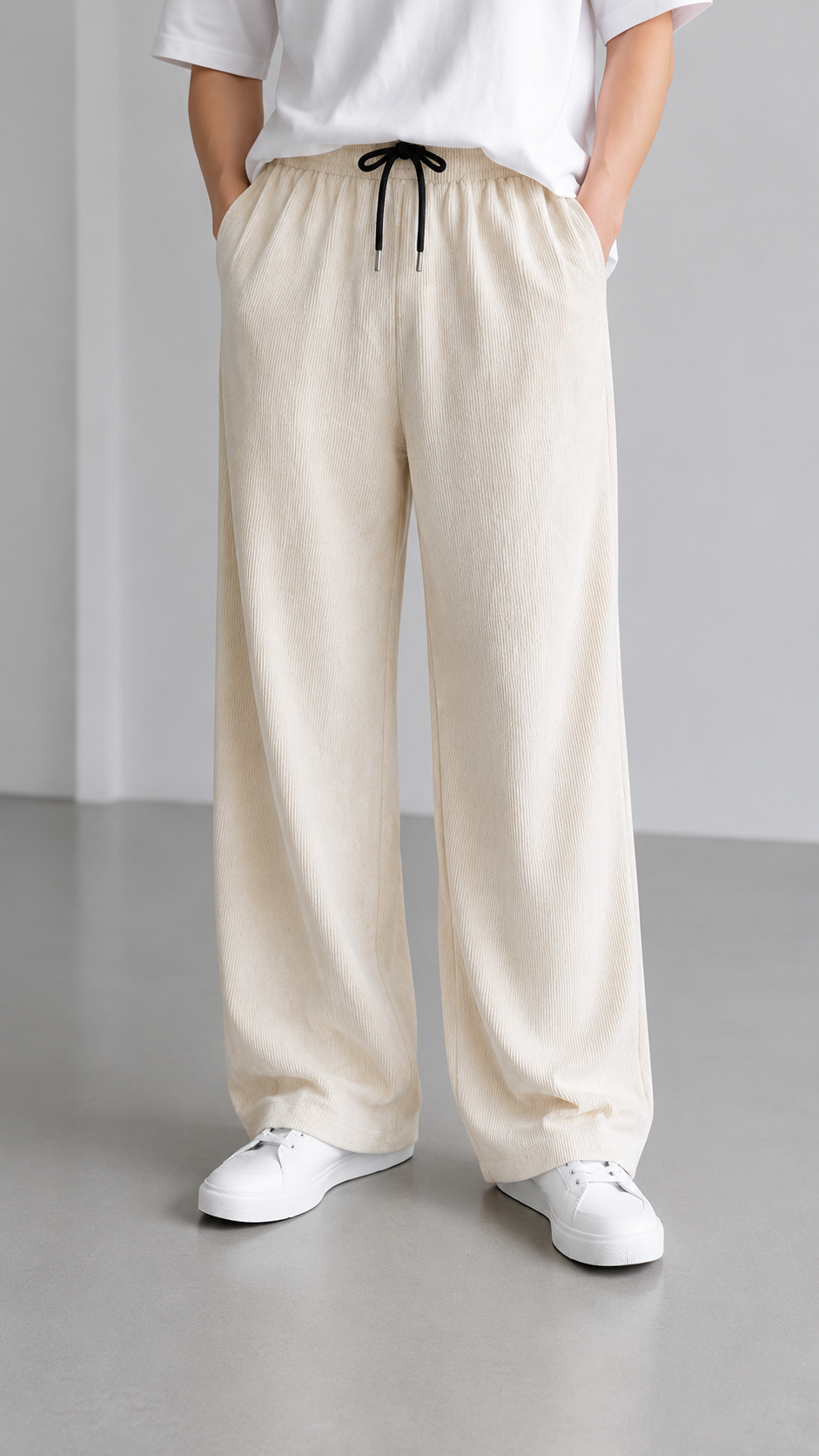 Horcun Men's Ivory Corduroy Drawstring Trousers | Premium Casual Pants