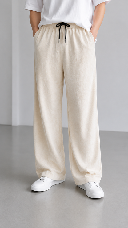 Horcun Men's Ivory Corduroy Drawstring Trousers | Premium Casual Pants