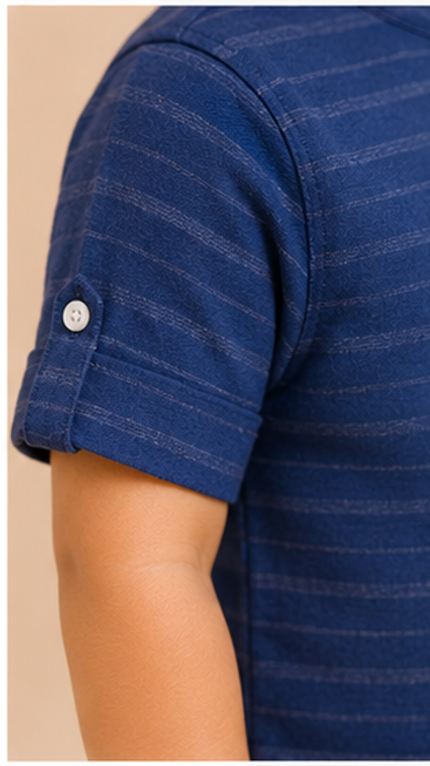 Boys Navy Blue Striped Mandarin Collar Shirt (Full Sleeve)