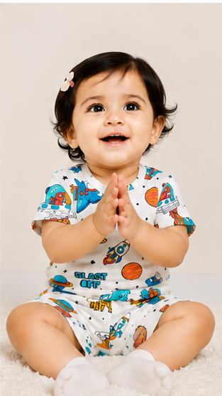 Space Rocket Print Kids Co-Ord Set – Blast Off Cotton T-Shirt & Shorts for Girls