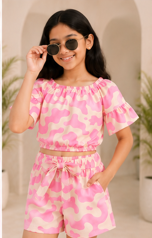 Girls Pink Abstract Print Off-Shoulder Co-ord Set with Tie-Up Shorts