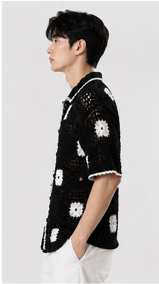 Men's Black Crochet Granny Square Knit Shirt – Handmade Premium Resort Wear Shirt