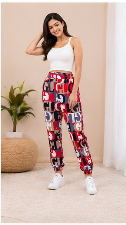 Women Red Printed Joggers – Stylish Typography Casual Lounge & Streetwear Pants