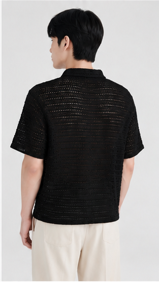 Men's Black Crochet Abstract Floral Shirt – Premium Handmade Open Knit Resort Wear Shirt