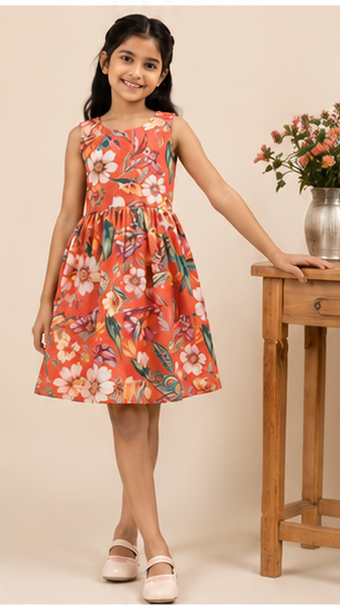 Girls Coral Floral Printed Sleeveless Dress – Soft Summer Kidswear