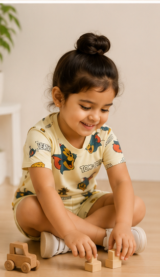 Beige Cartoon Cat & Mouse Kids Co-Ord Set – Cute Character Print T-Shirt & Shorts
