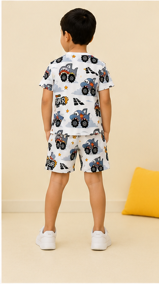Super Truck Cartoon Print Kids Co-Ord Set – Cotton T-Shirt & Shorts Outfit for Boys