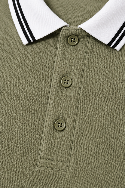 Men’s Premium Sage Green Polo T-Shirt with White Contrast Collar & Sleeve Stripes