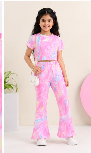 Girls Pink Marble Tie Dye Co-Ord Set | Kids Crop Top & Flared Pants Outfit | Trendy Western Wear for Girls