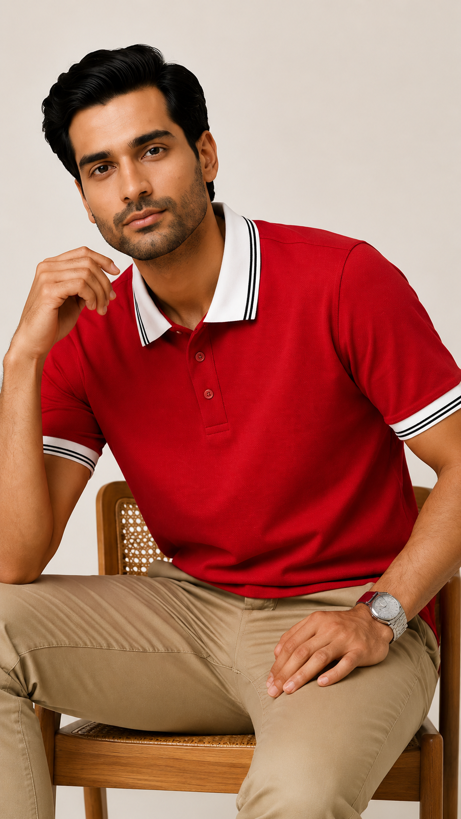 Men’s Premium Red Polo T-Shirt with White Contrast Collar & Sleeve Stripes