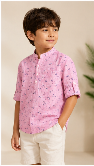Boys Pink Floral Printed Mandarin Collar Cotton Shirt (Full Sleeve)