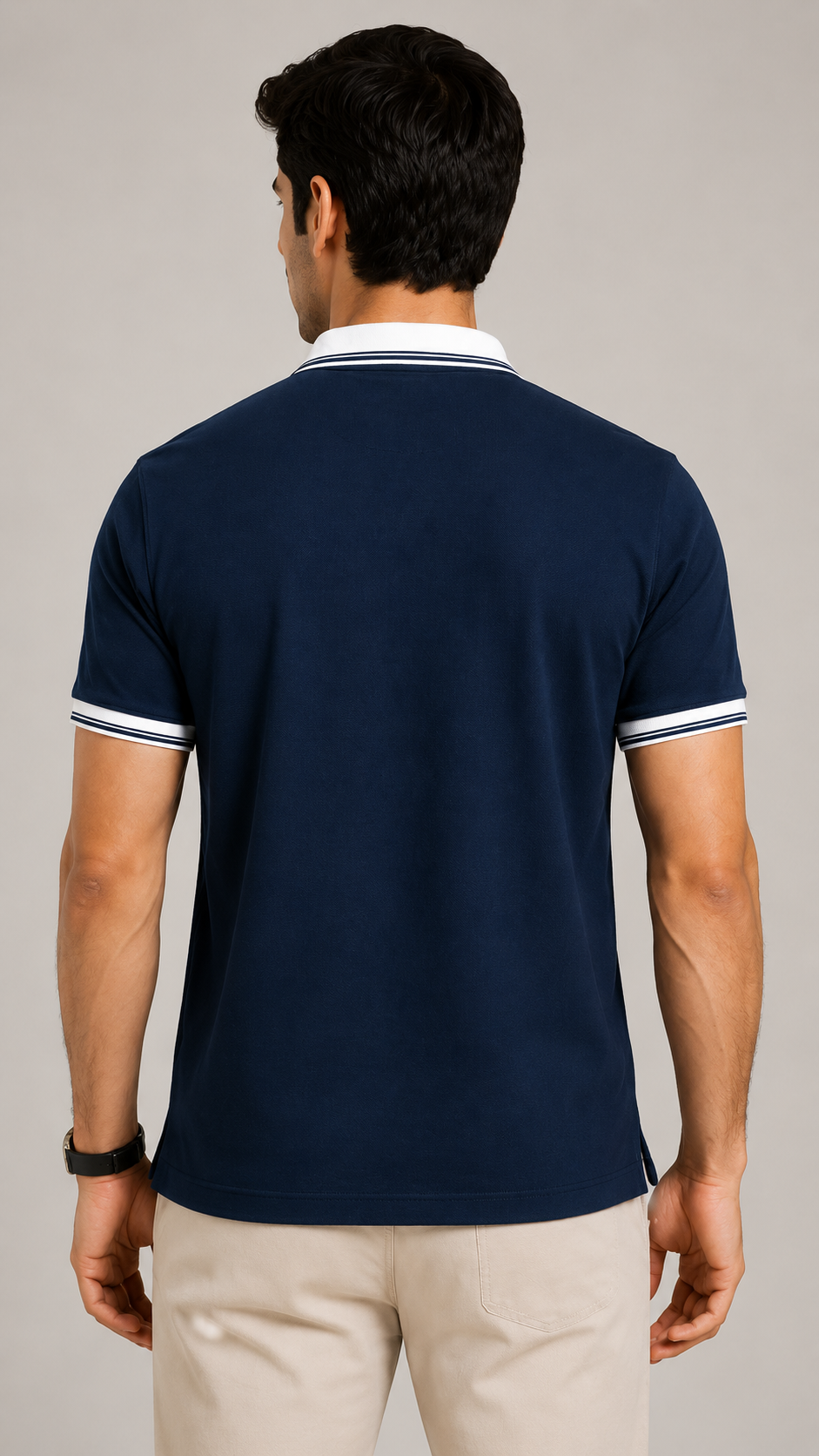 Men’s Premium Navy Blue Polo T-Shirt with White Contrast Collar & Sleeve Stripes