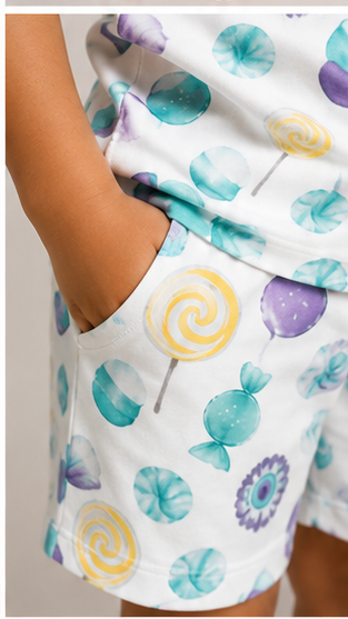 Kids Candy Print Co-ord Set | Cute Lollipop & Sweet Treat T-Shirt & Shorts Summer Outfit for Boys & Girls