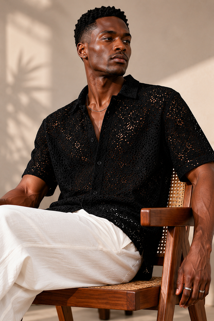 Men's Black Crochet Lace Shirt – Premium Summer Resort Wear Casual Button Down