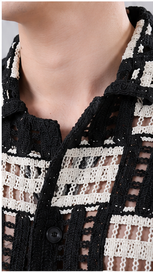 Men's Black & White Geometric Crochet Knit Shirt – Premium Handmade Resort Wear Shirt