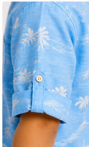 Boys Sky Blue Tropical Print Cotton Short Kurta Shirt – Summer Casual Kidswear