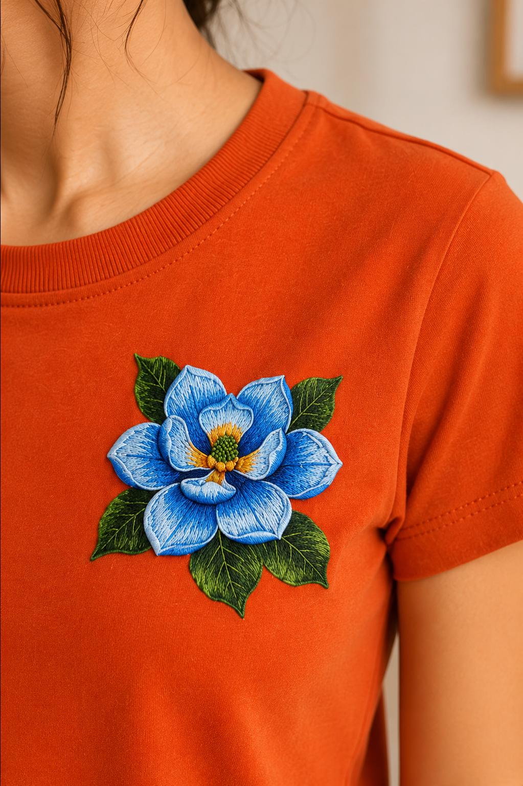 Women’s Burnt Orange Floral Embroidered Co-Ord Set – Casual T-Shirt & Shorts Lounge Wear