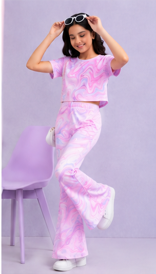 Girls Pink Marble Tie Dye Co-Ord Set | Kids Crop Top & Bell Bottom Pants | Stylish Summer Outfit for Girls