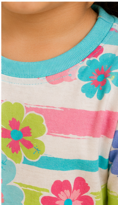 Floral Stripe Kids Co-Ord Set – Multicolor Flower Printed T-Shirt & Shorts for Girls
