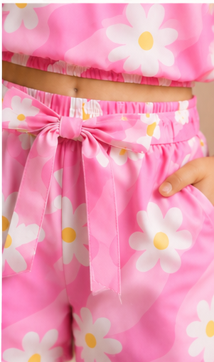 Girls Pink Daisy Floral Off-Shoulder Co-ord Set with Tie-Up Shorts