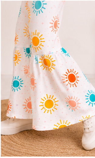 Girls Summer Sun Print Co-Ord Set | Kids Crop Top & Bell Bottom Pants Outfit | Trendy Casual Wear for Girls