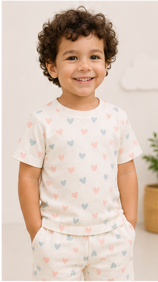 Pastel Heart Print Kids Co-Ord Set – Soft Cotton T-Shirt & Shorts Summer Outfit for Boys & Girls