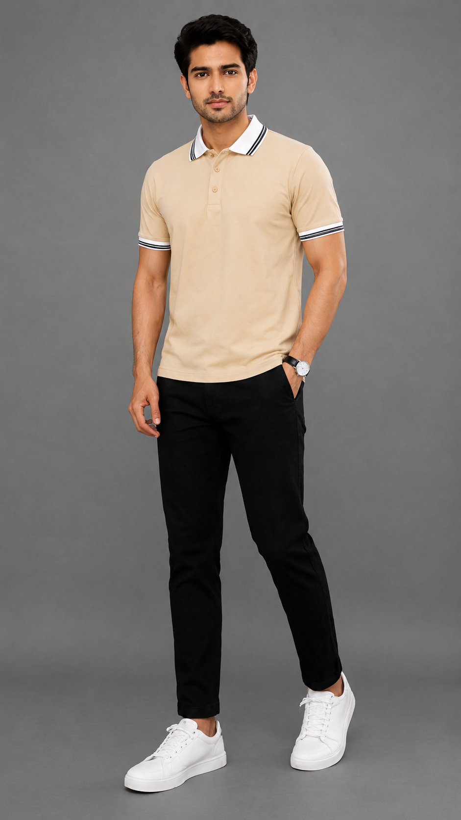 Men’s Premium Beige Polo T-Shirt with White Contrast Collar & Sleeve Stripes