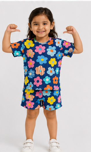 Colorful Floral Print Kids Co-Ord Set – Navy Blue Multicolor Flower T-Shirt & Shorts for Girls