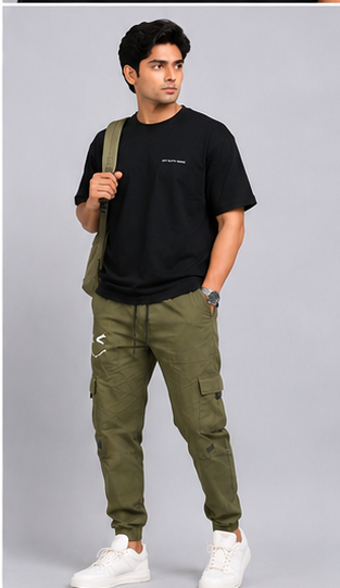 Olive Green Printed Cargo Joggers for Men – Slim Fit Multi-Pocket Casual Streetwear Pants
