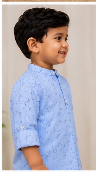 Boys Sky Blue Micro Print Cotton Short Kurta Shirt – Elegant Casual Kidswear