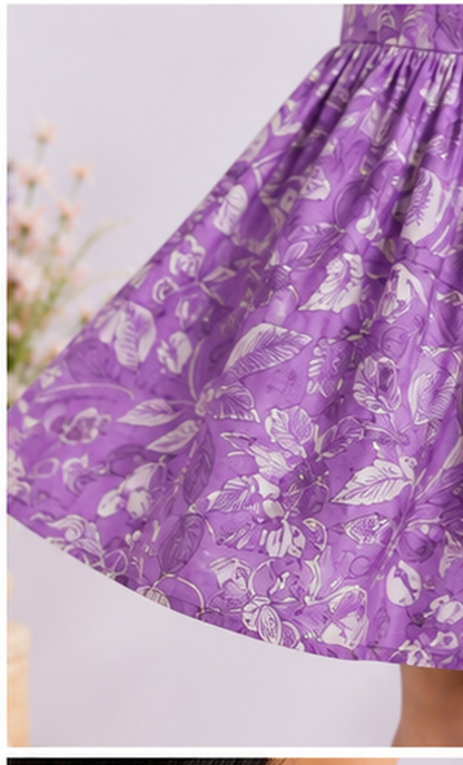 Girls Floral Fit & Flare Dress – Lavender Purple with Botanical Print